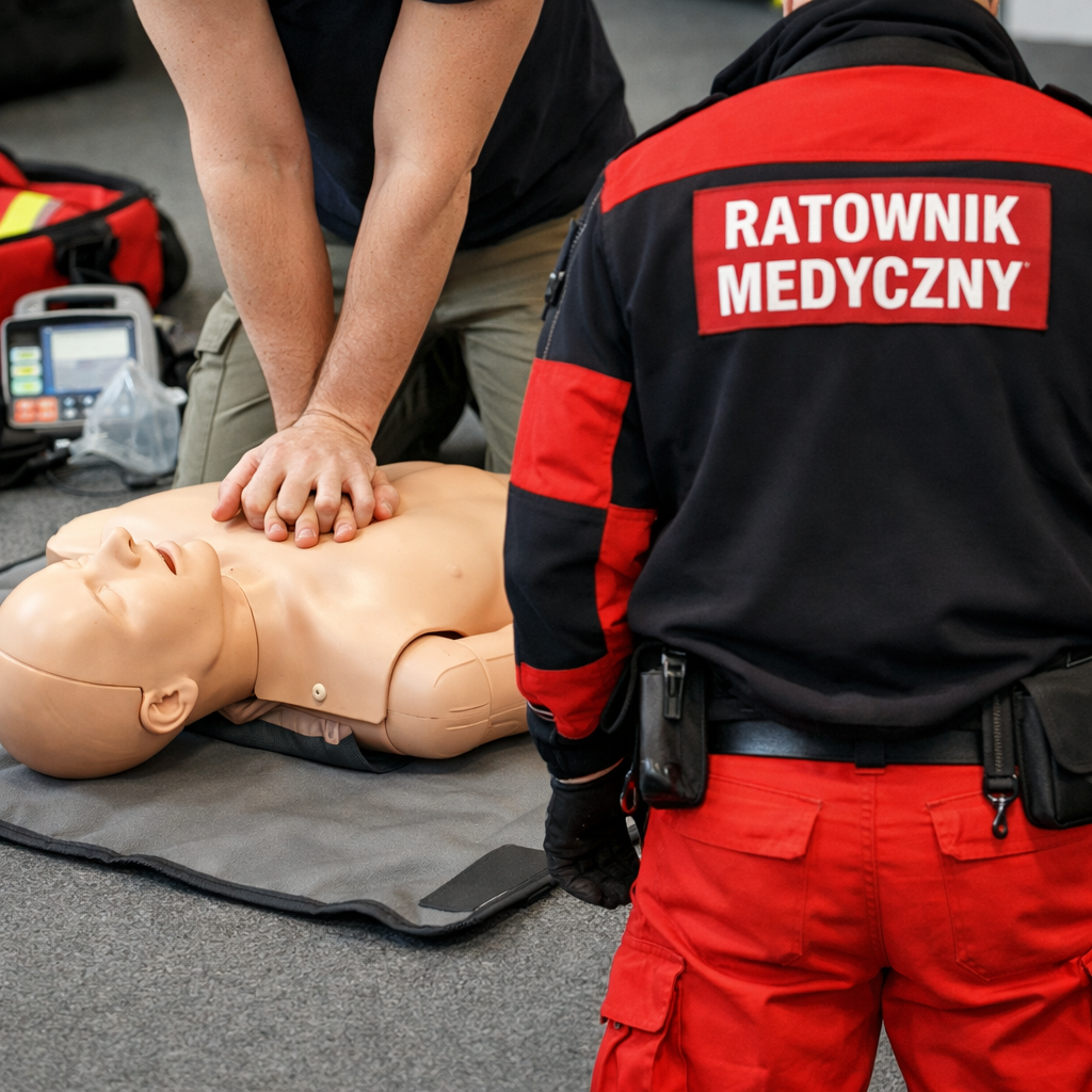 Ratownik medyczny wykonujący resuscytację na fantomie szkoleniowym